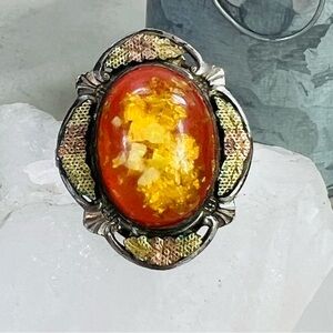 Vintage Black Hills Style Composite Amber Sterling Silver Ring 10.5
